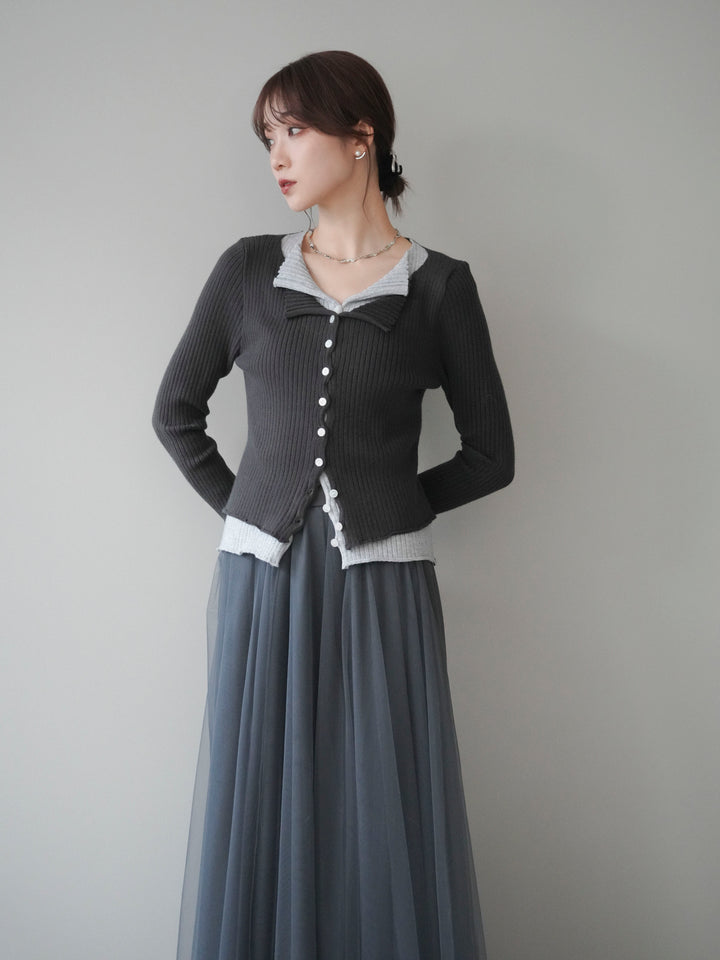 [予約]配色レイヤードリブニットカーディガン/charcoal