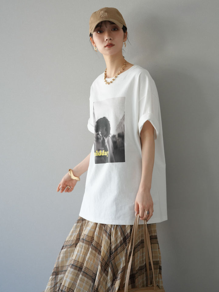 [SET]ネオンロゴフォトプリントBIG Tシャツ+シアーチェックアシンメトリーワッシャースカート(2set)