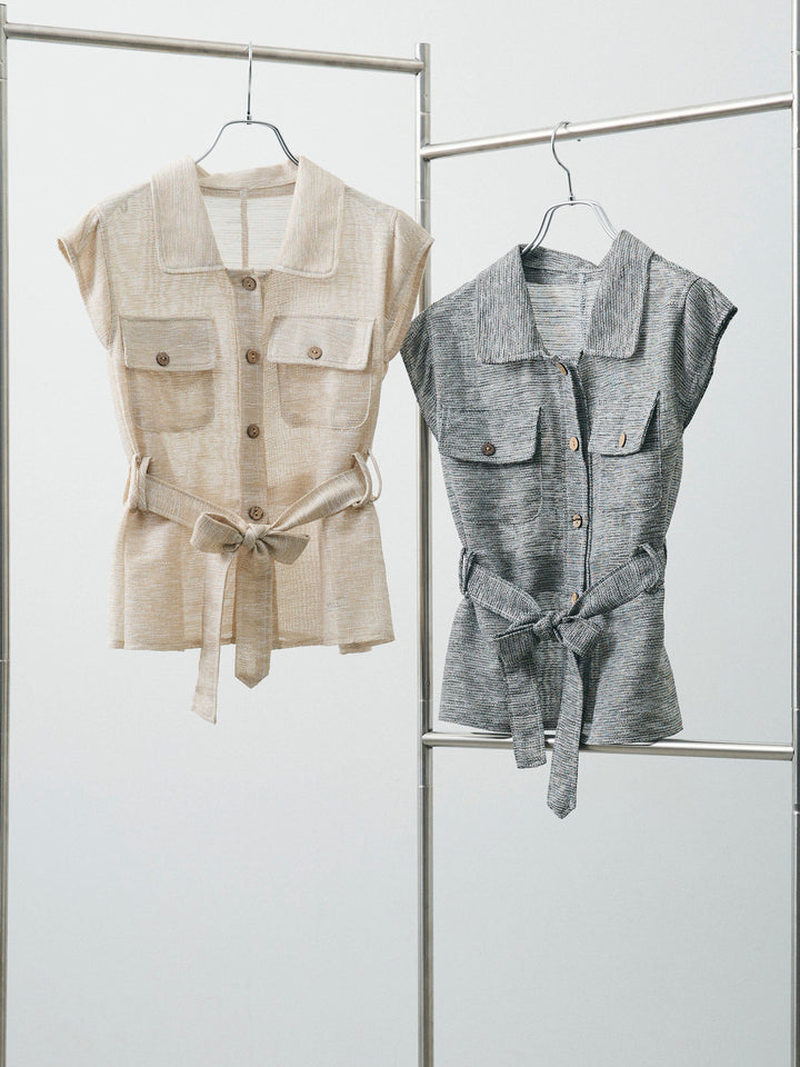 [SET]ミックスヤーンメッシュブラウス+コクーンワイドチノパンツ(2set)