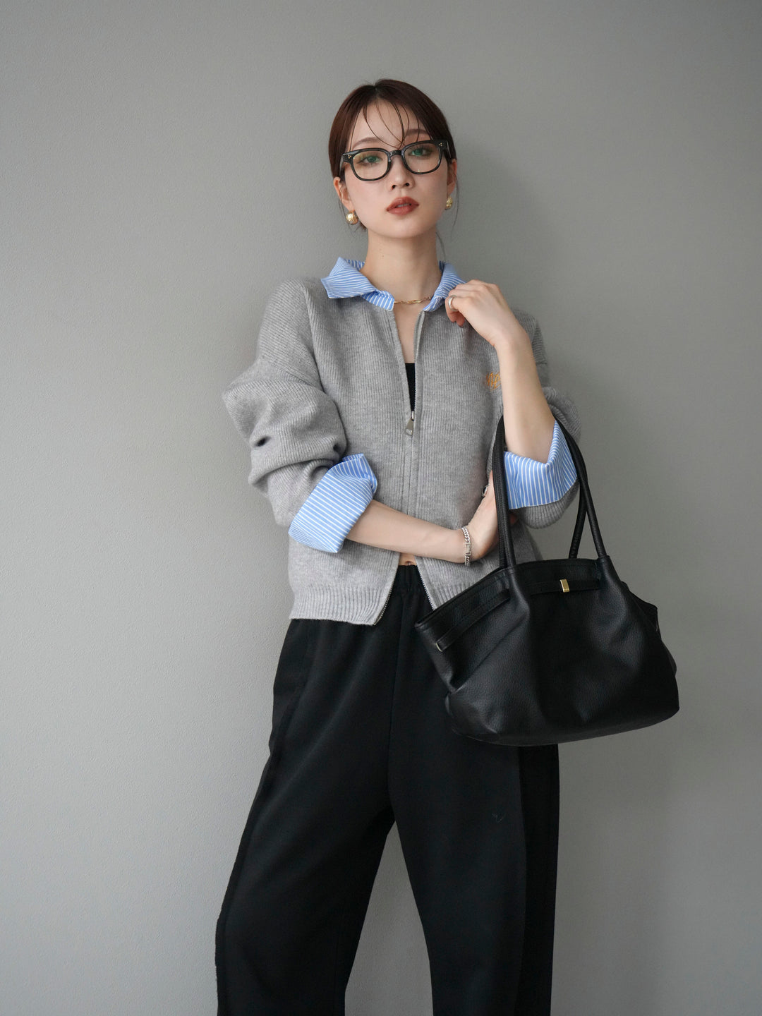 [SET]ストライプシャツレイヤードZIPニットカーディガン+選べるアクセセット(2set)