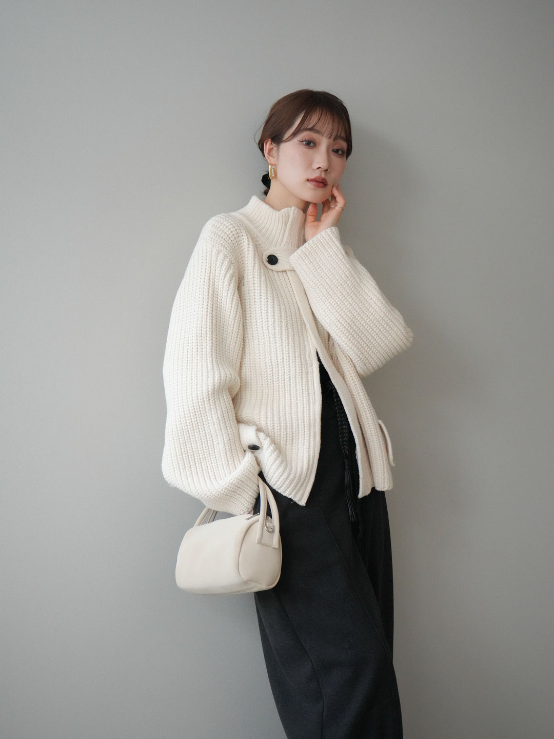 [SET]畦編みボトルネックZIPニットカーディガン+畦編みボトルネックZIPニットカーディガン(2set)