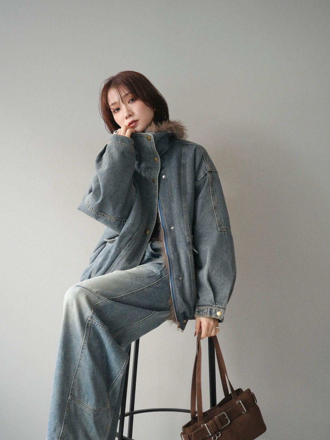 [予約]デニムxファーブルゾン/denimbrown