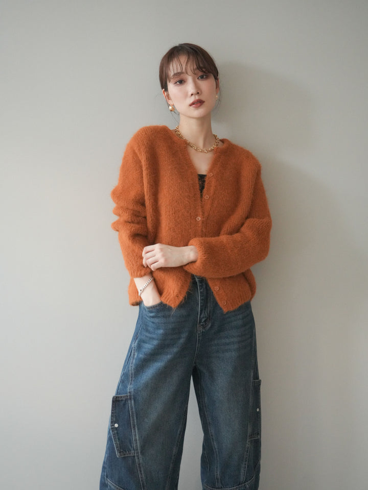 [予約]キーネックシャギーニットカーディガン/camel
