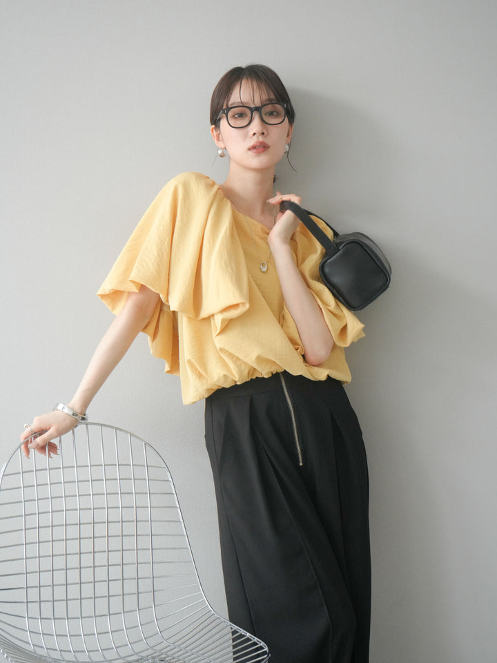 [SET] 燈籠袖褶襉設計上衣 + 拉鍊褶襉寬褲 (2 套)