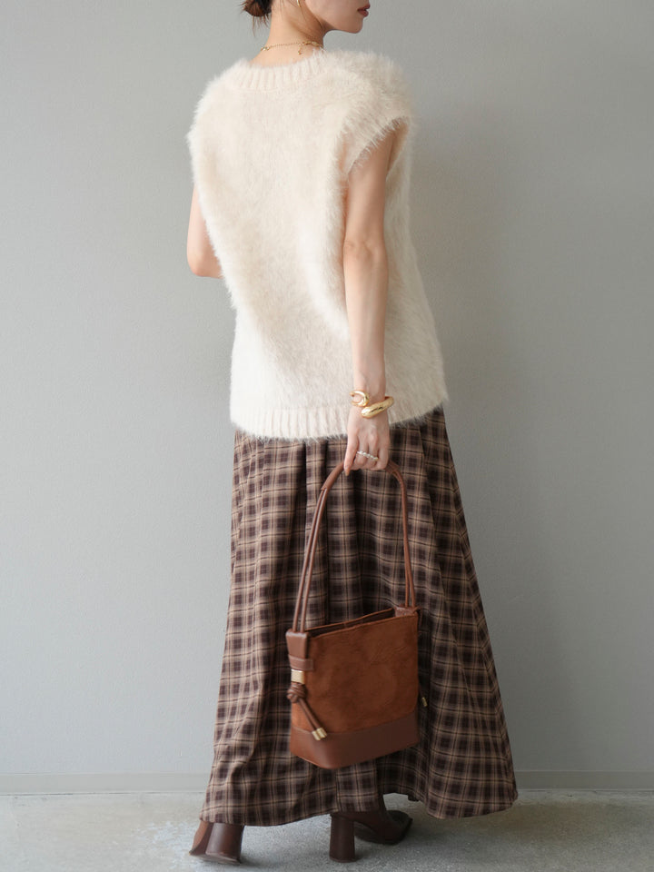[予約]チェックタックフレアロングスカート/ ブラウン