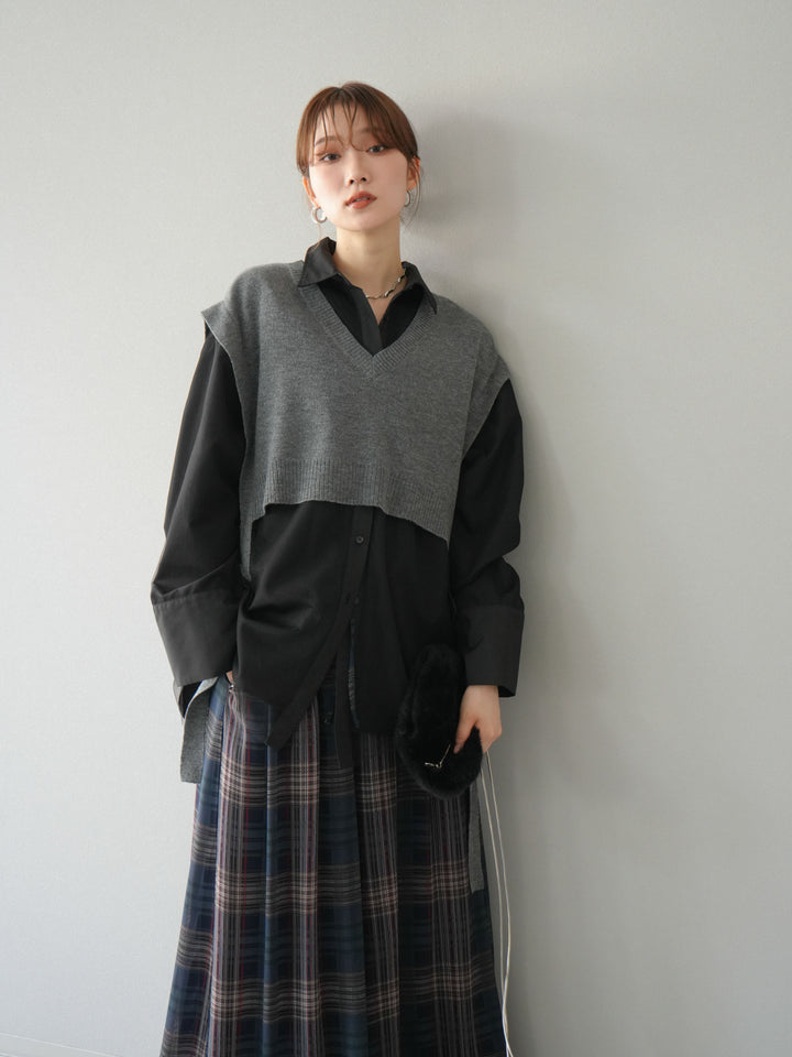 [予約]サイドリボンVネックショートニットベスト/チャコール