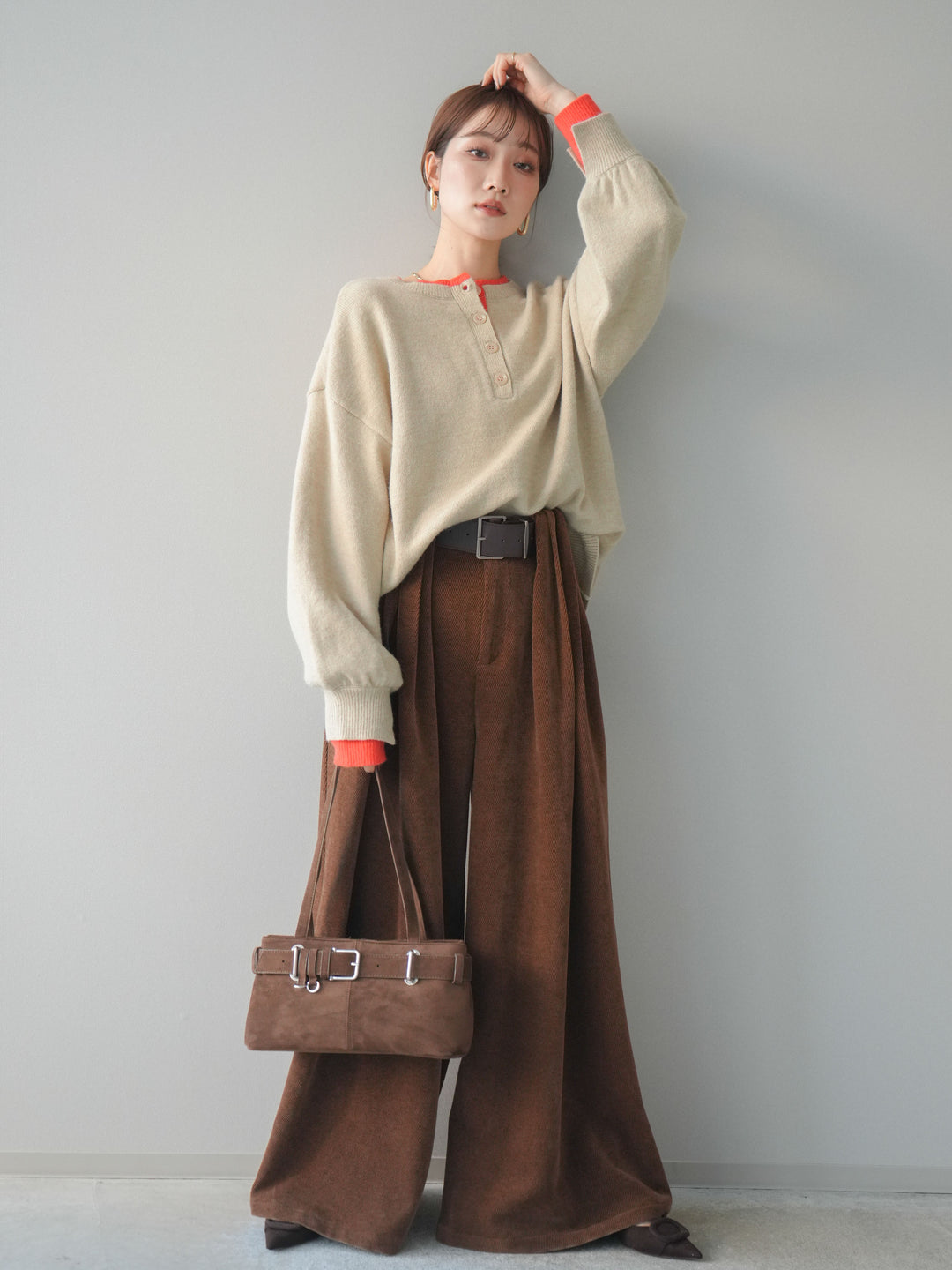 [予約]ベルトデザインループコールテンワイドパンツ(ベルト付き)/camel