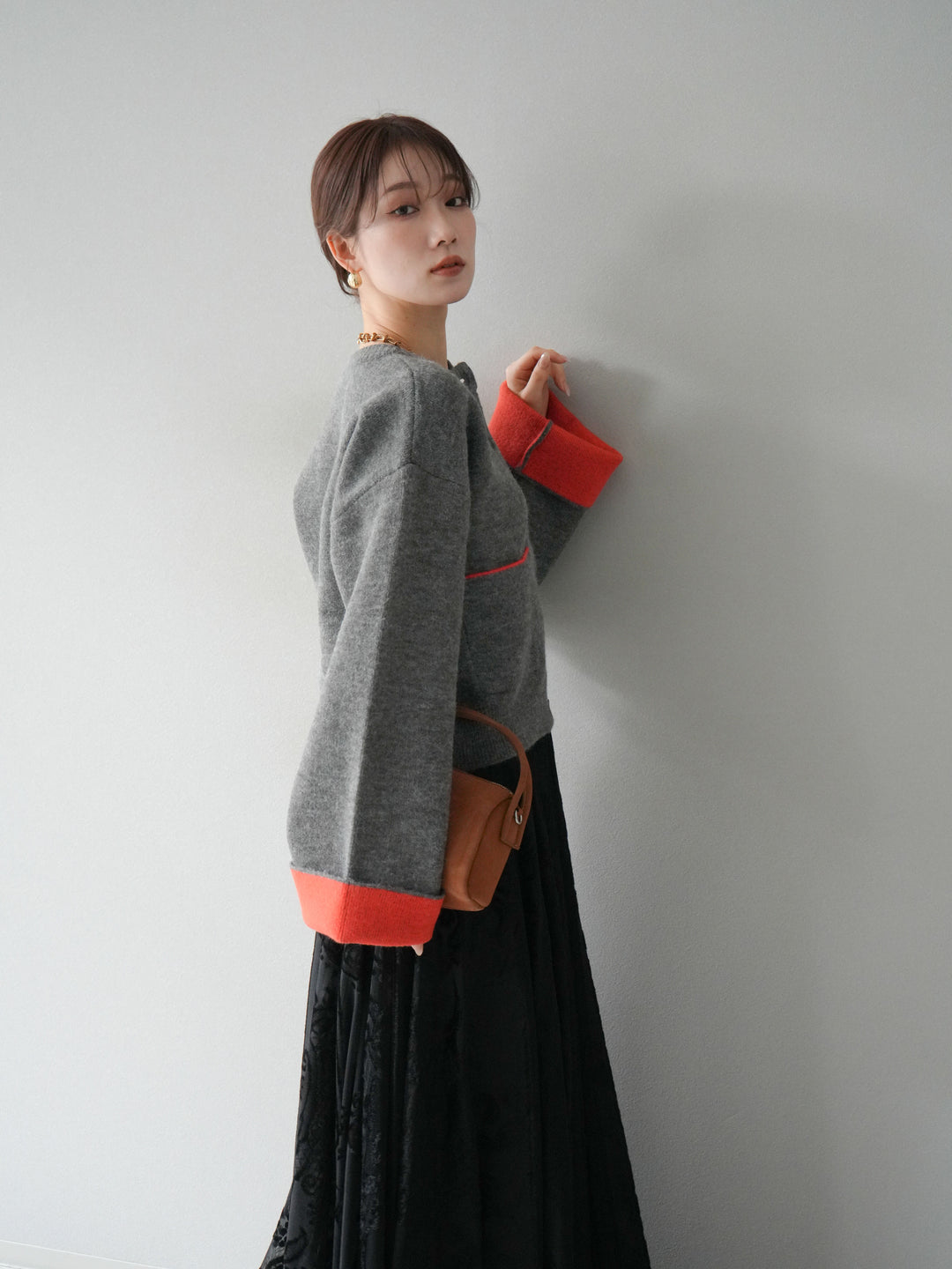 [SET]バイカラーオーバーニットカーディガン+アンティーク柄フロッキーマキシスカート(2set)