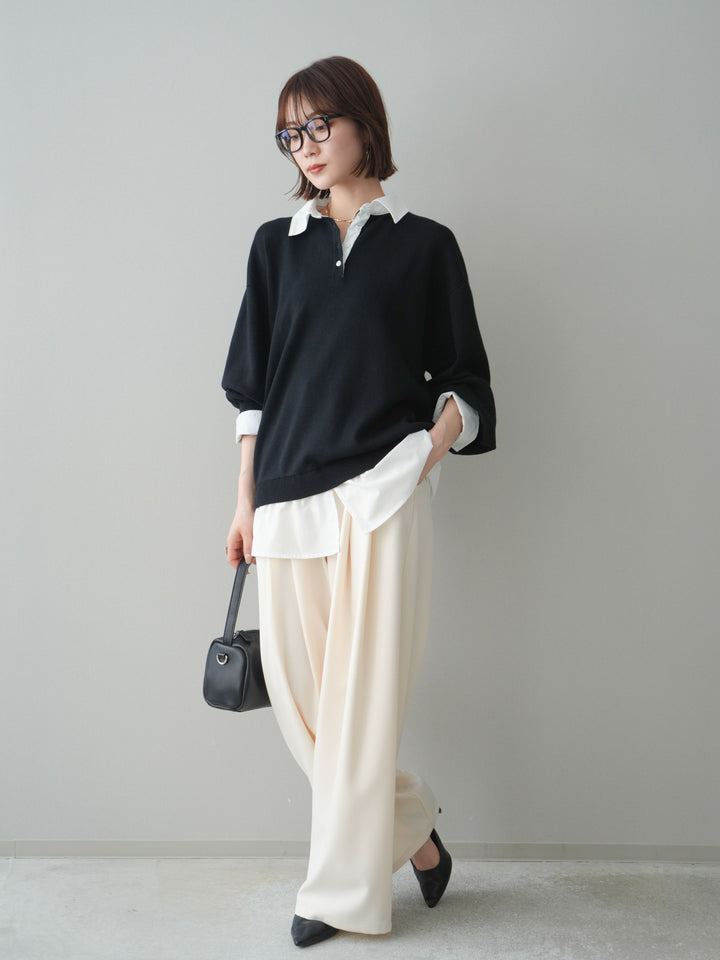 [予約]ウエストバイカラータックワイドパンツ/ivory