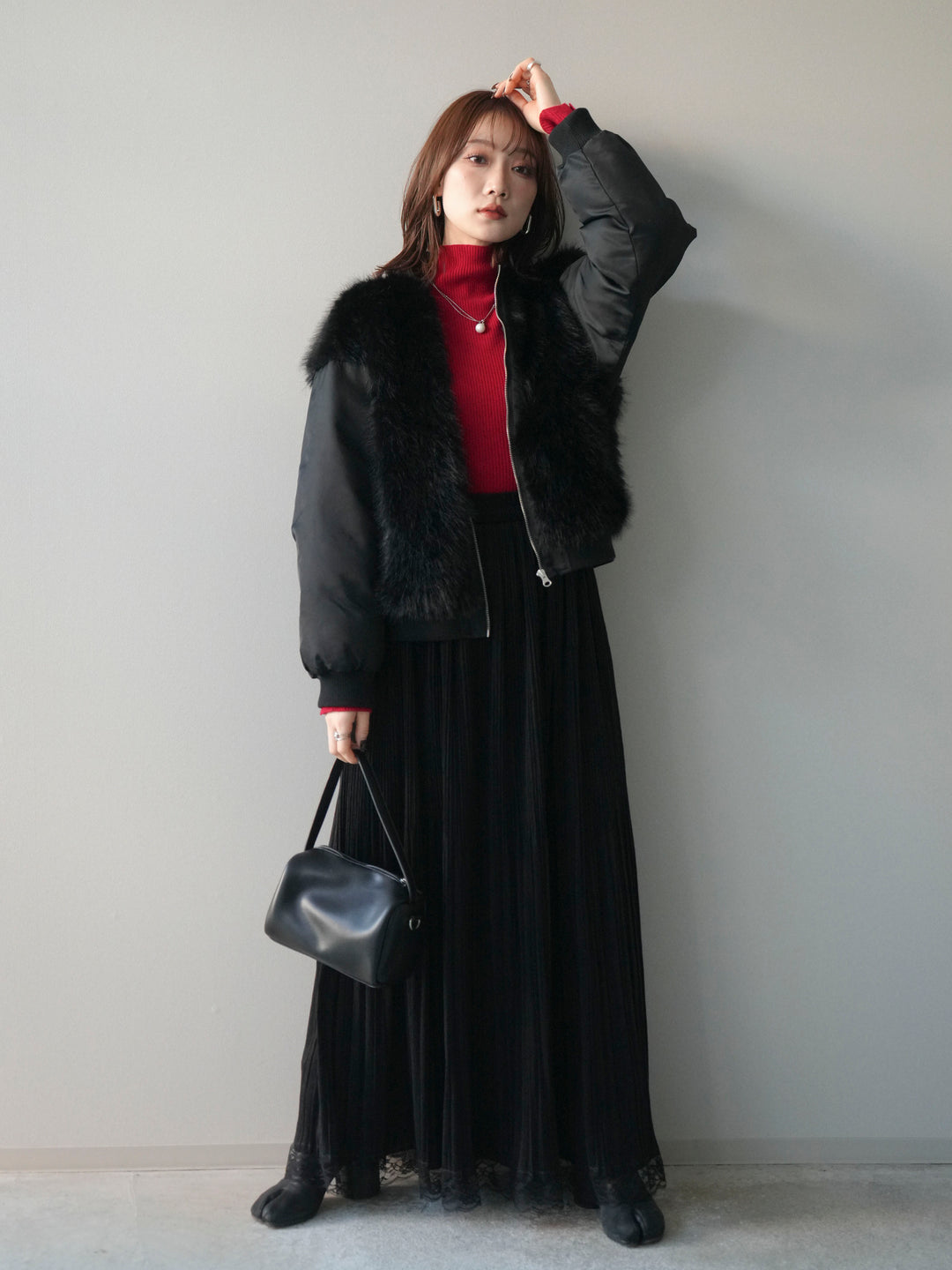 [SET]ファードッキングMA-1+袖ボタンボトルネックリブニットトップス+裾レーススウェードプリーツマキシスカート(3set)