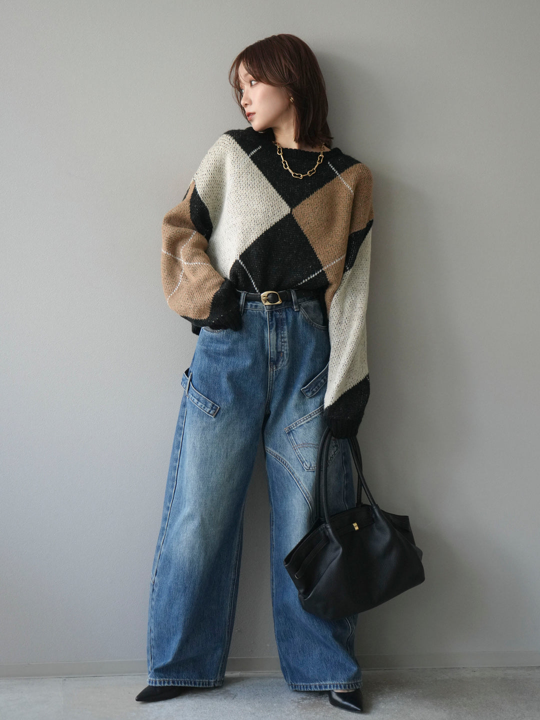 [SET]配色ステッチアーガイル柄ニットプルオーバー+ペインターカーブデニムパンツ(2set)