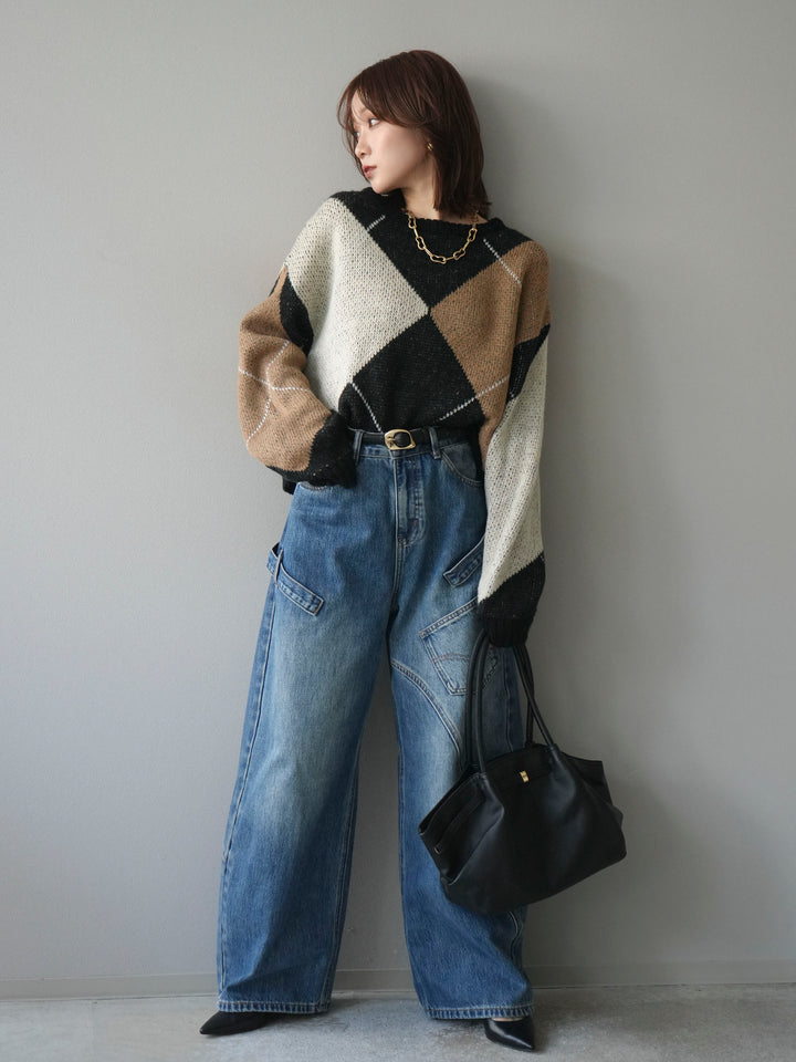 [SET]配色ステッチアーガイル柄ニットプルオーバー+ペインターカーブデニムパンツ(2set)