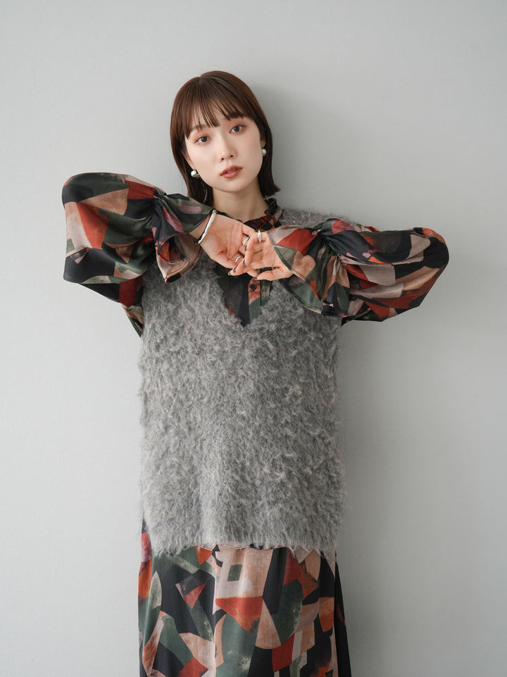 [予約]ウール混ミックスヤーンニットベスト/モカ