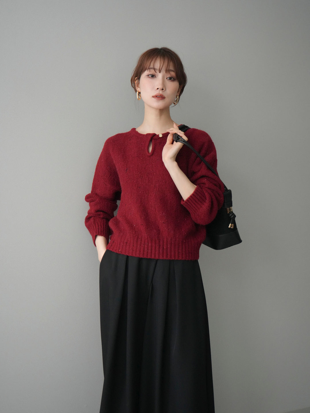 [予約]ツイストネックラメネップヤーンニットプルオーバー/red