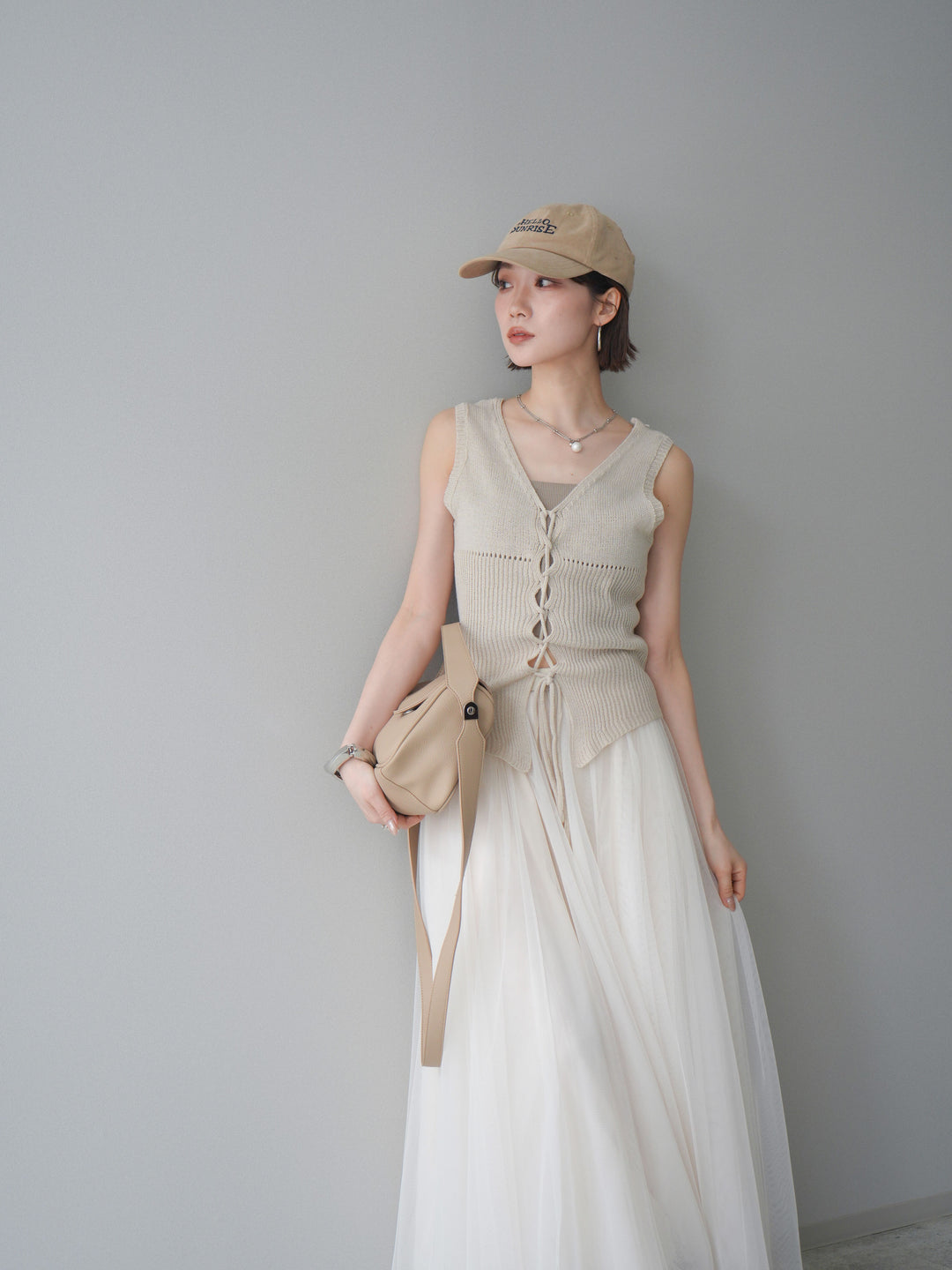 [予約]レースアップリブニットタンクトップ/beige