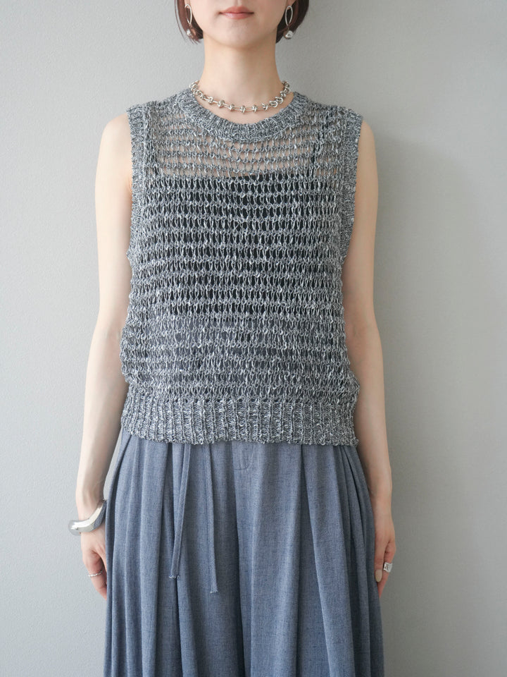 [予約]ミックスヤーン透かし編みニットタンクトップ/ブラック