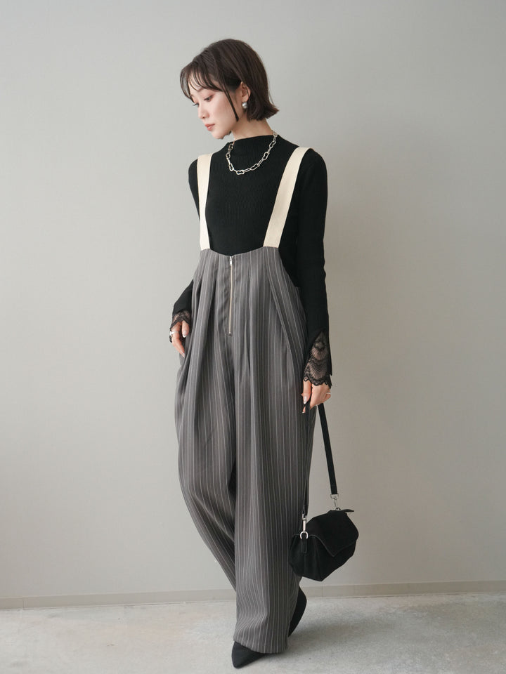 [予約]グログランテープストライプサロペット/charcoal