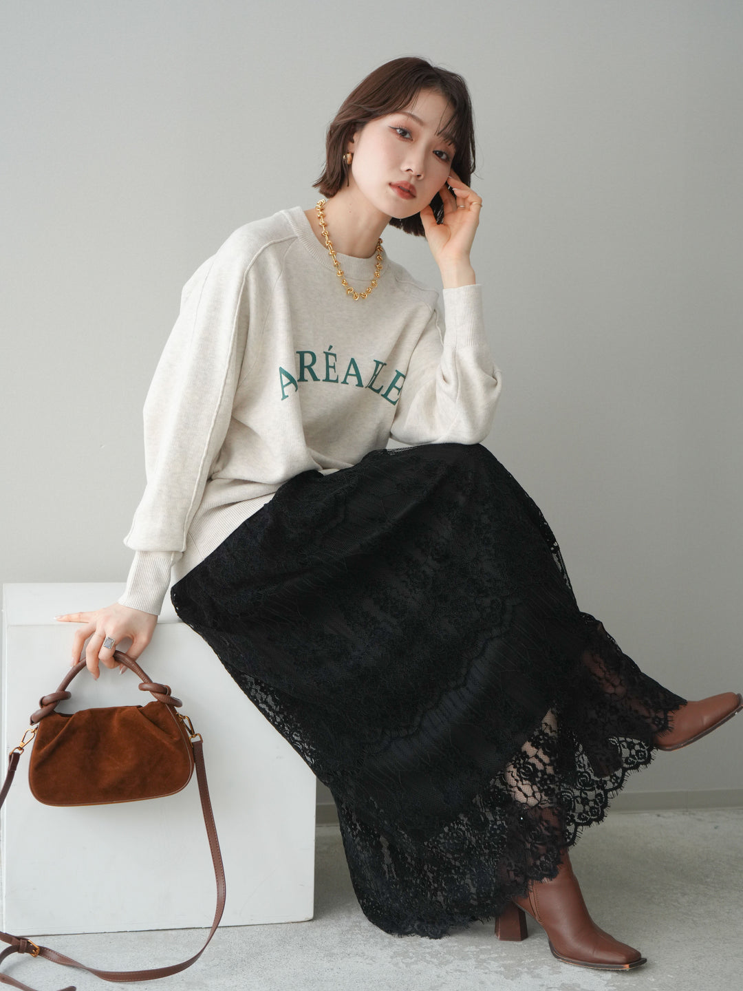 [予約]半ラバープリントロゴスウェットライクニットプルオーバー/oatmeal