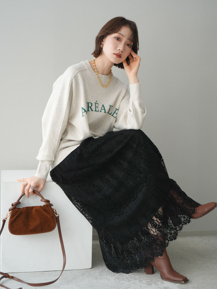 [予約]半ラバープリントロゴスウェットライクニットプルオーバー/oatmeal