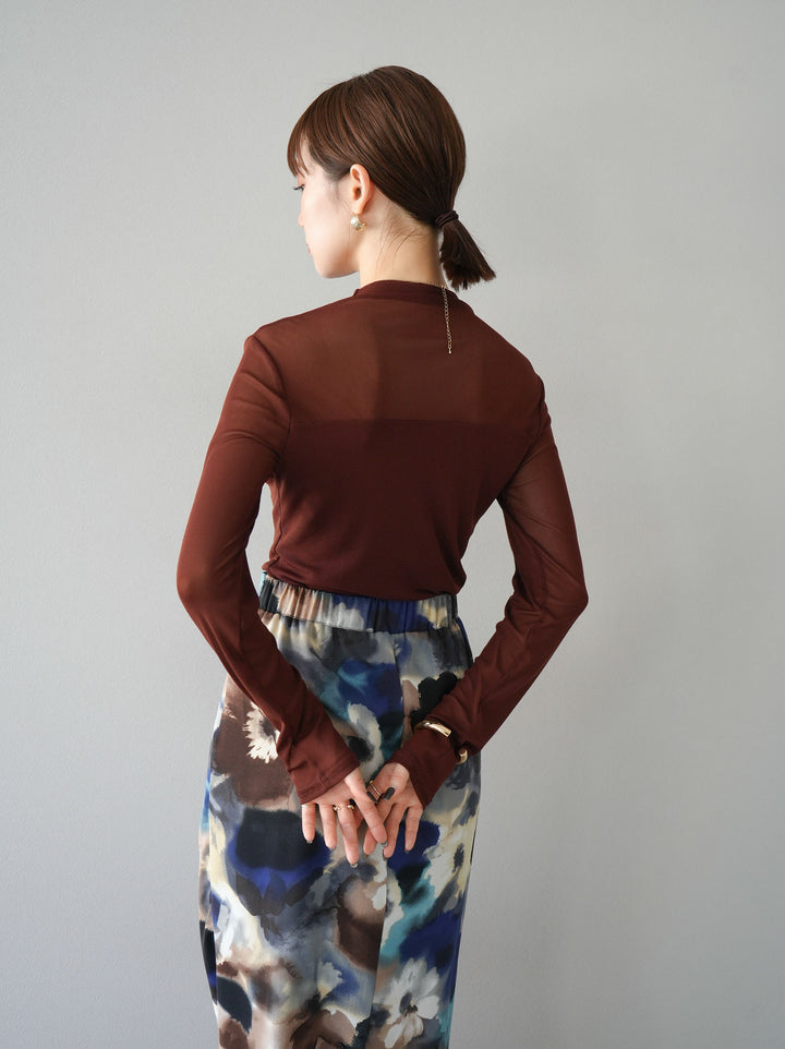 [予約]シアー切替ストレッチ長袖トップス/ブラウン