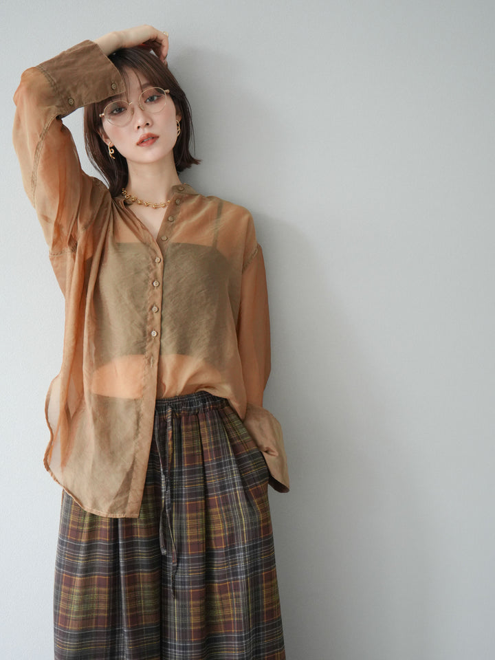 [SET] 亮面透視立領襯衫 + 透視格紋寬鬆褲 (2 件套)