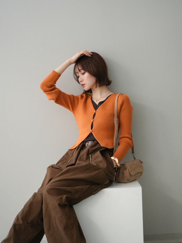 [予約]Vネック配色レイヤードスリットニットトップス/orange