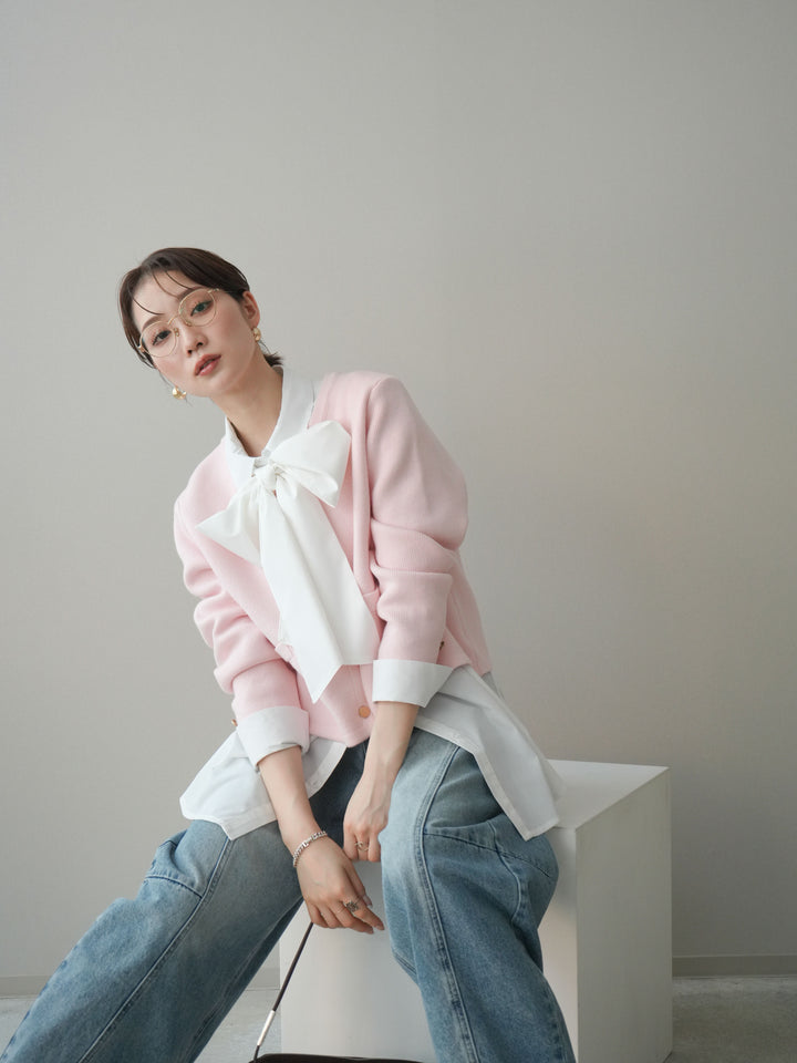 [SET]ゴールドボタンノーカラーニットジャケット+ボウタイ付オーバーシャツ(2set)