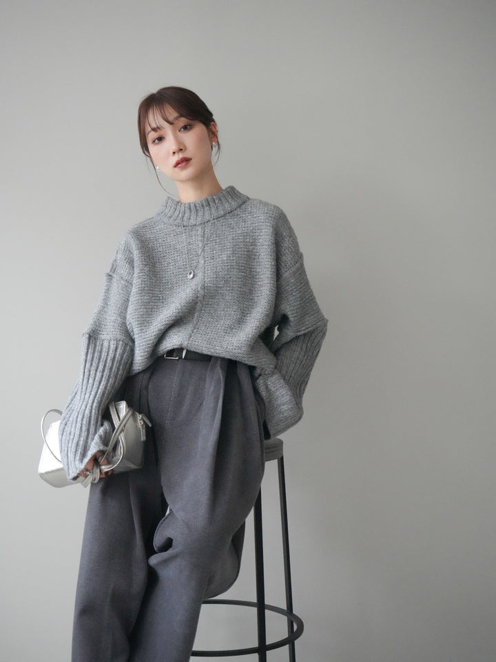 [予約]編み地切替ボトルネックニットプルオーバー/mokugray