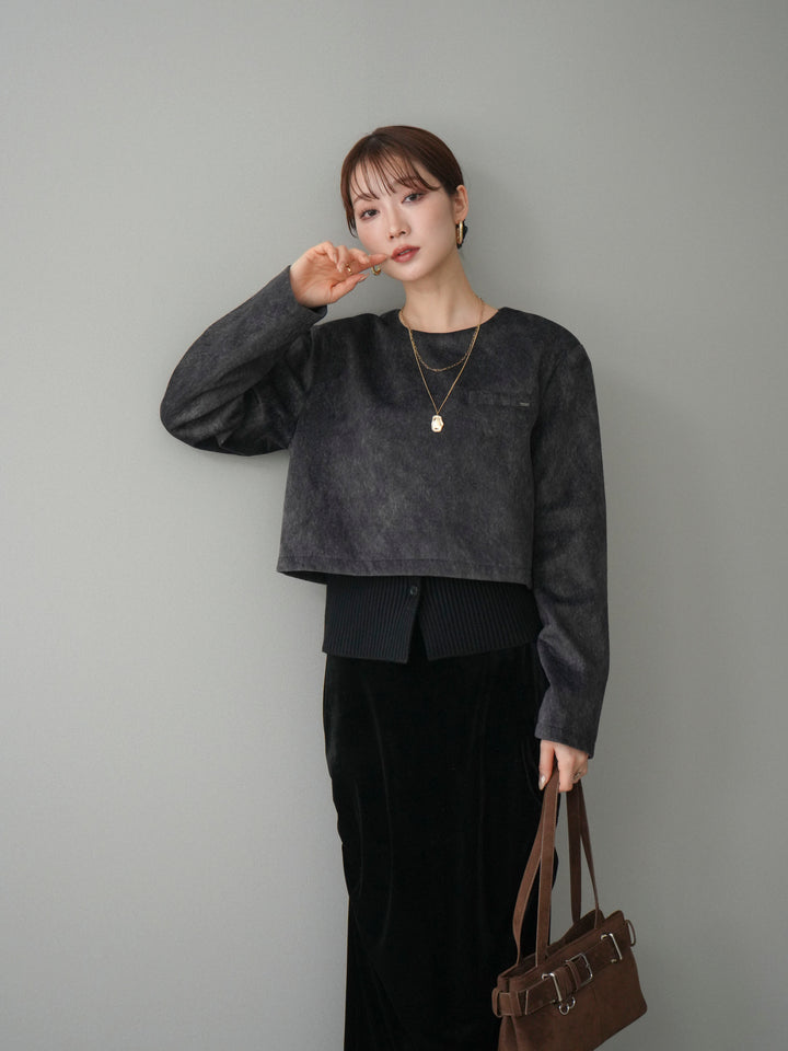 [予約]リブニットレイヤードスエードプルオーバー/charcoal