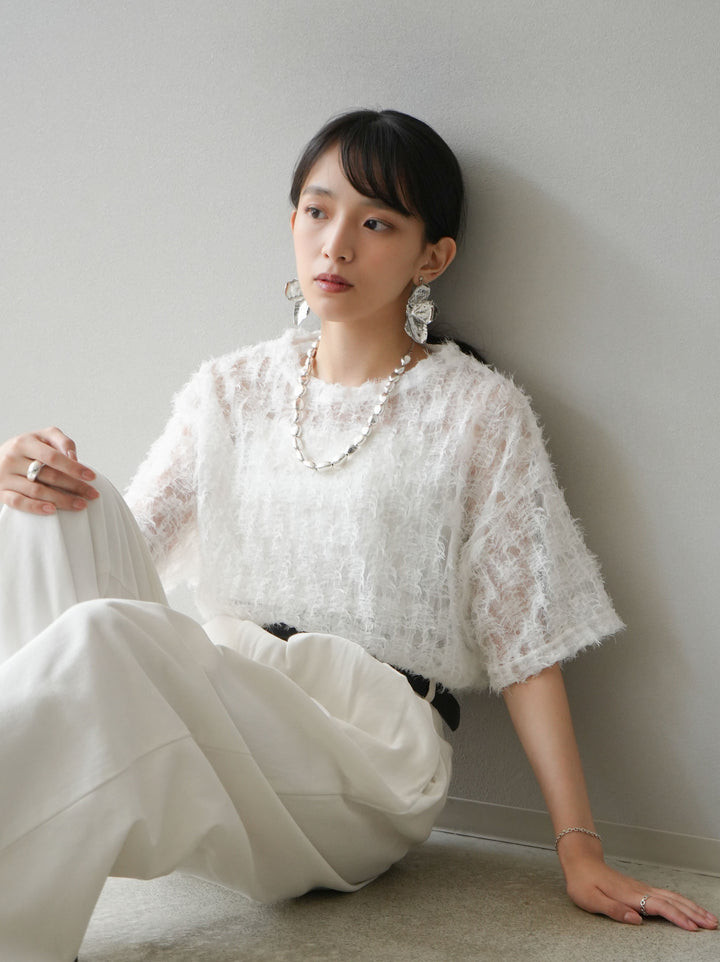 [Pre-order] Fringe Tulle 5/4 Sleeve Over Top/Off-White