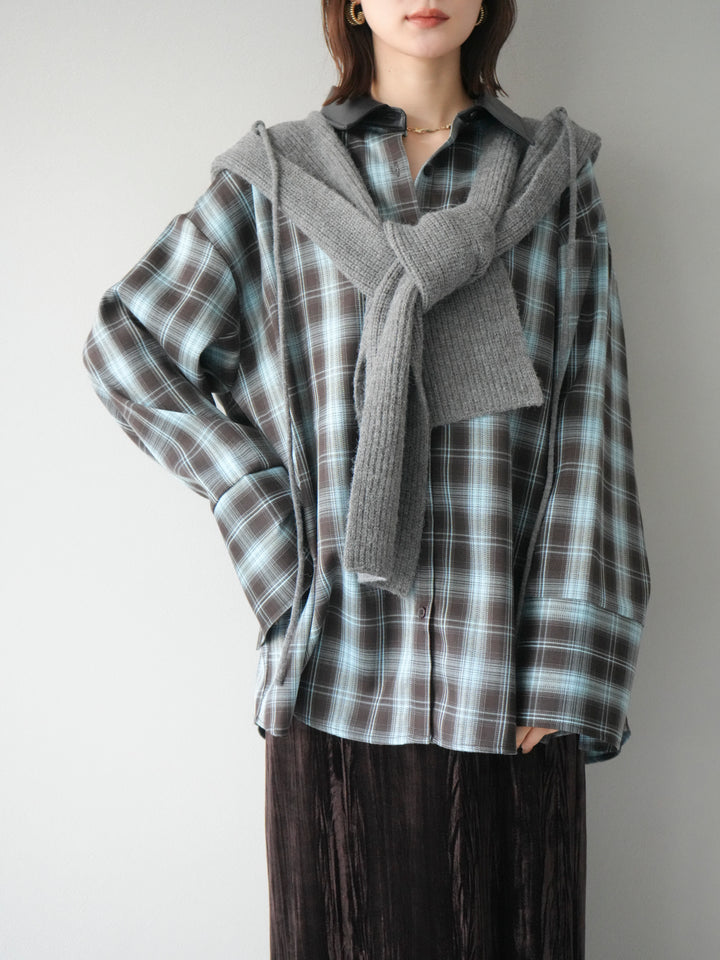 [SET]レザー襟オンブレチェックオーバーシャツ +クラッシュベロアナロースカート(2set)