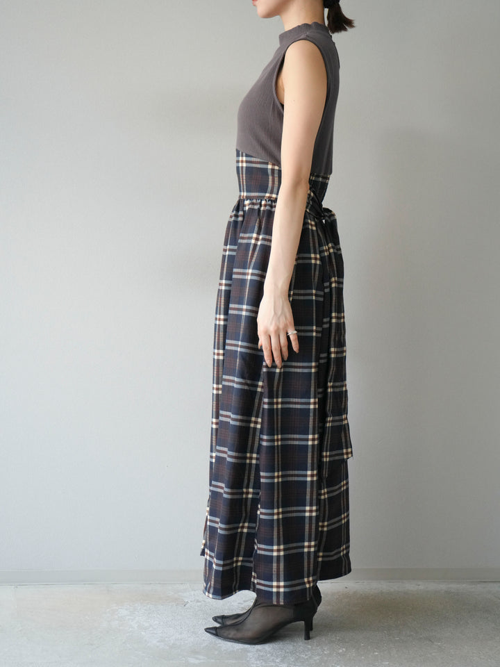 [予約]テレコ×チェックドッキングノースリワンピース/モカ×ネイビー