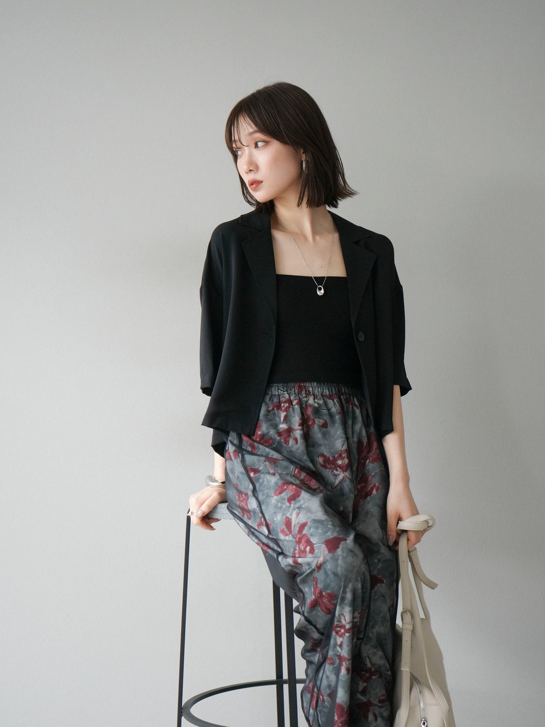 [SET]ハーフショートジャケット+フラワープリントチュールレイヤードパンツ(2set)