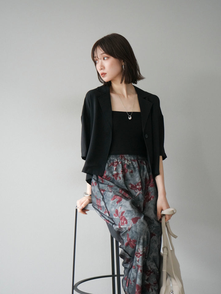 [SET]ハーフショートジャケット+フラワープリントチュールレイヤードパンツ(2set)