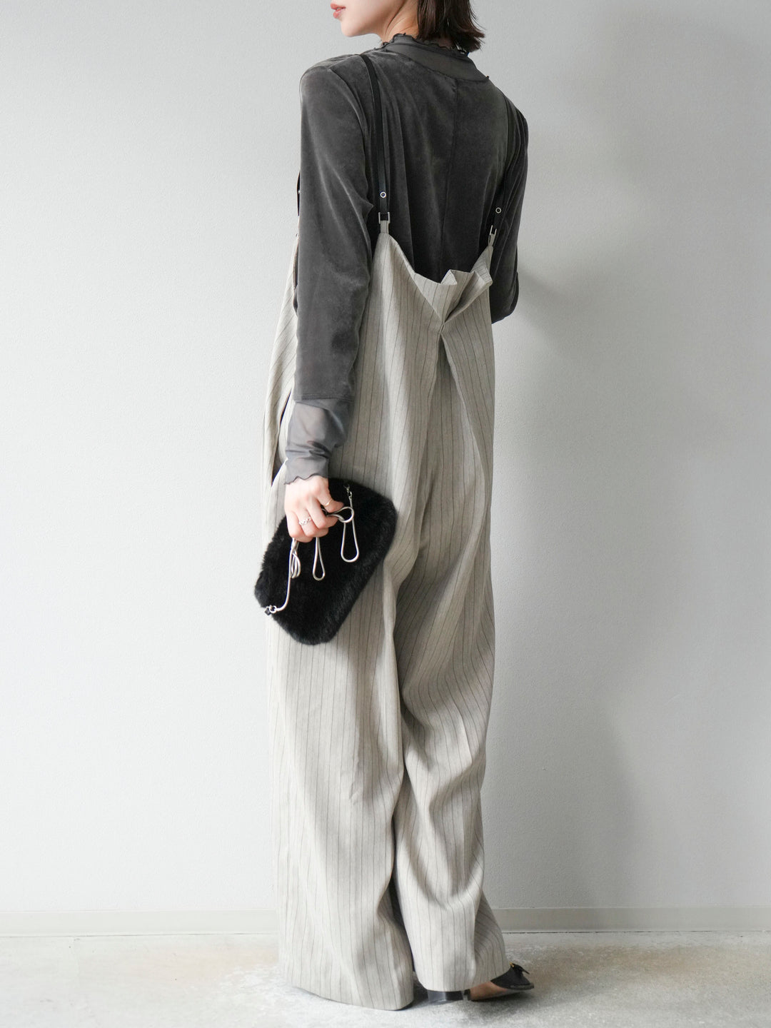 [SET]ヘリンボーンストライプサロペット+シアー切替ベロアトップス(2set)