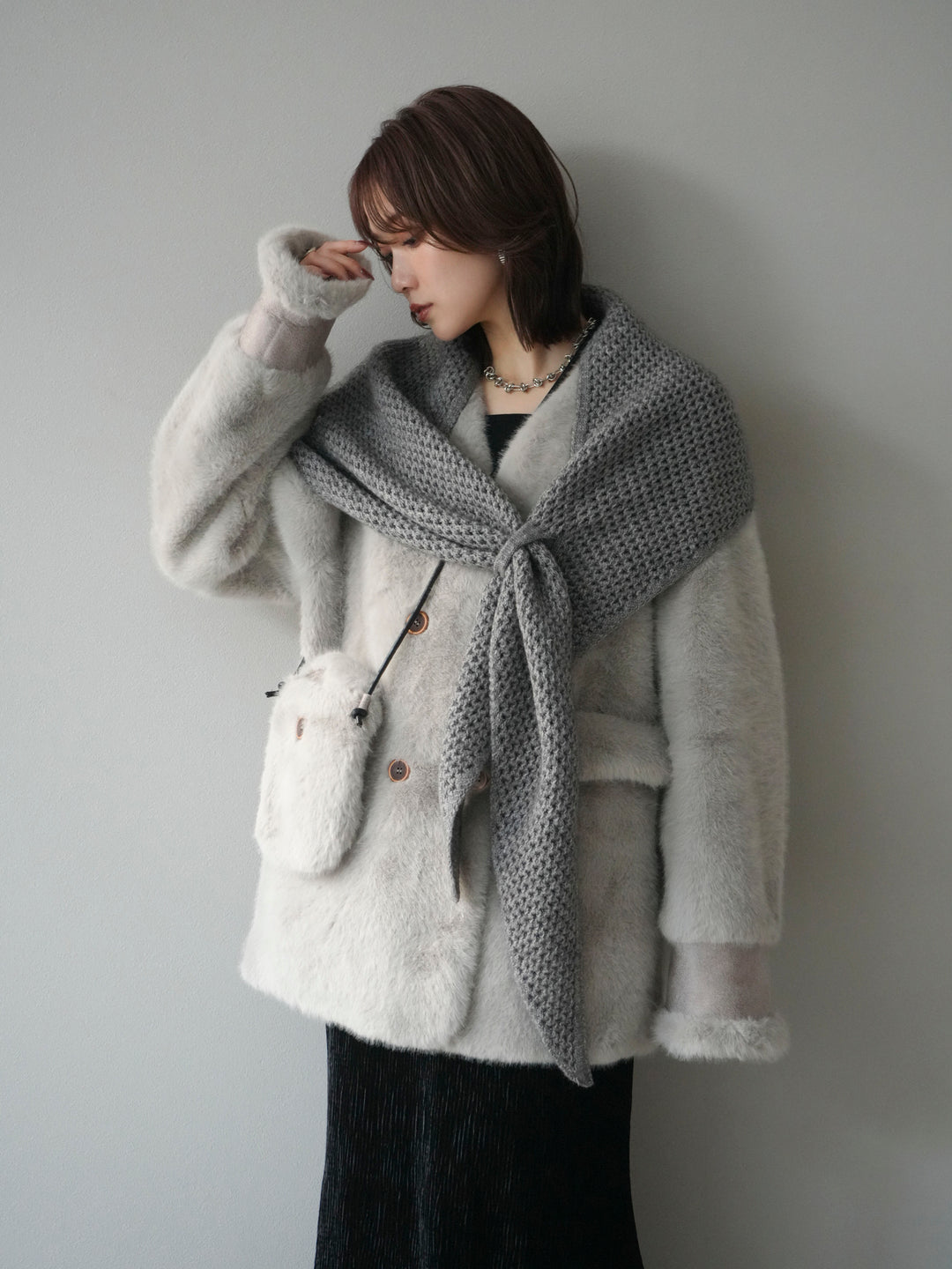 [予約]バッグ付エコファーノーカラーコート/gray