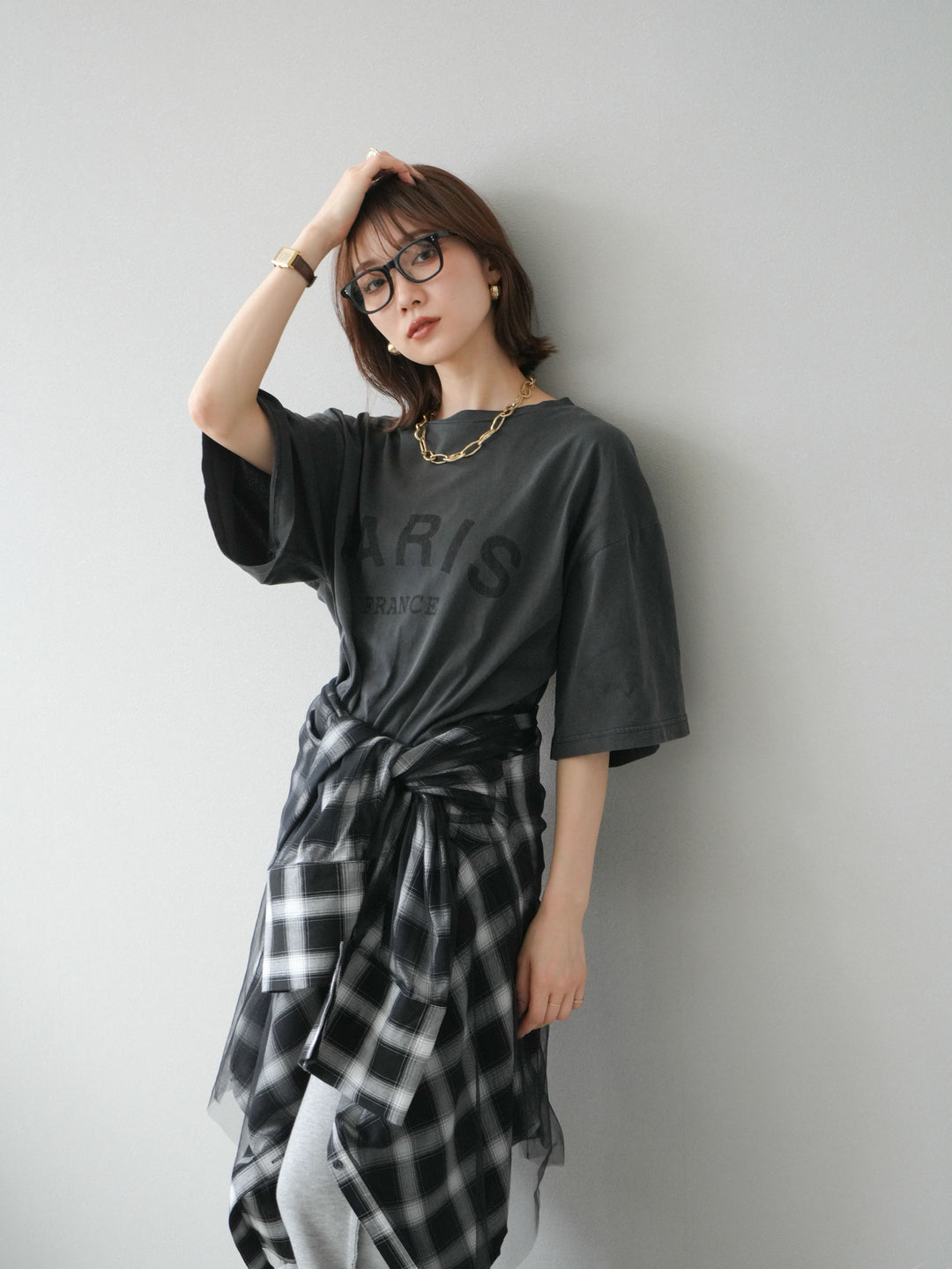 [SET]ピグメントロゴプリントTシャツ+2WAYデザインスウェットパンツ+チュールドッキングチェック柄オーバーサイズシャツ(3set)