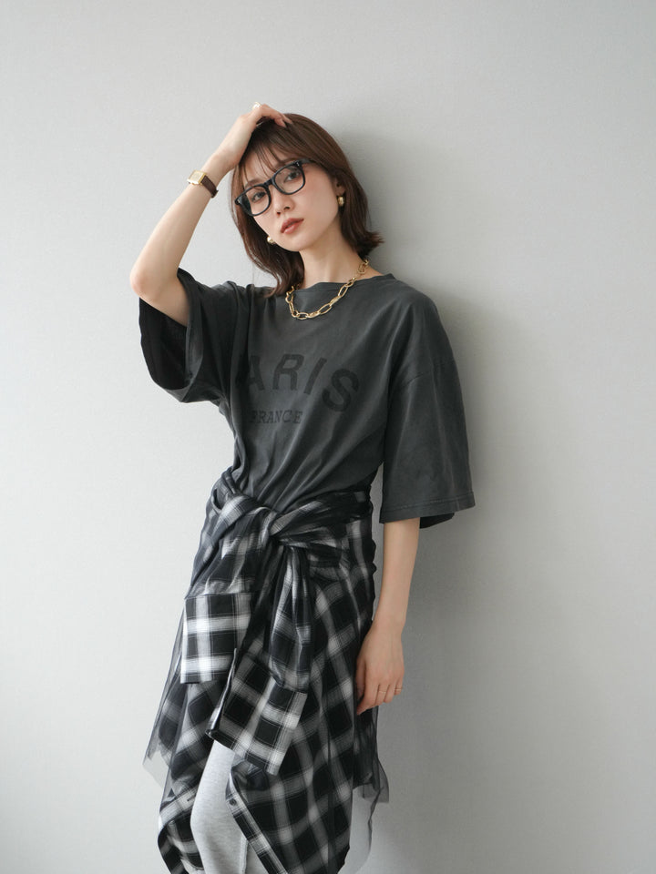 [SET]ピグメントロゴプリントTシャツ+2WAYデザインスウェットパンツ+チュールドッキングチェック柄オーバーサイズシャツ(3set)