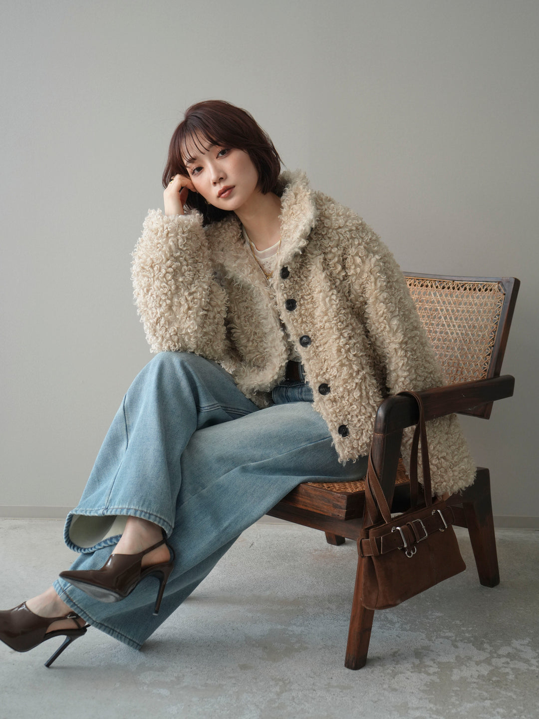 [SET]プードルファーミドルスタンドブルゾン+ベルト付裏起毛カーブデニムパンツ(2set)