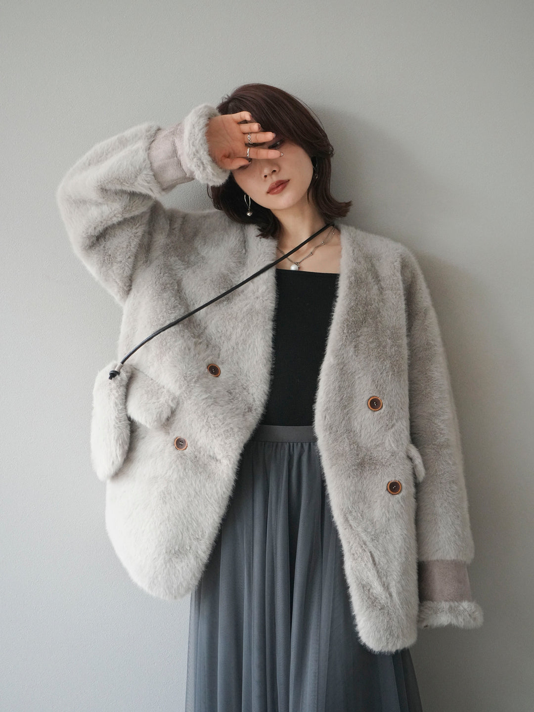 [SET]バッグ付エコファーノーカラーコート+チュールボリュームスカート(2set)