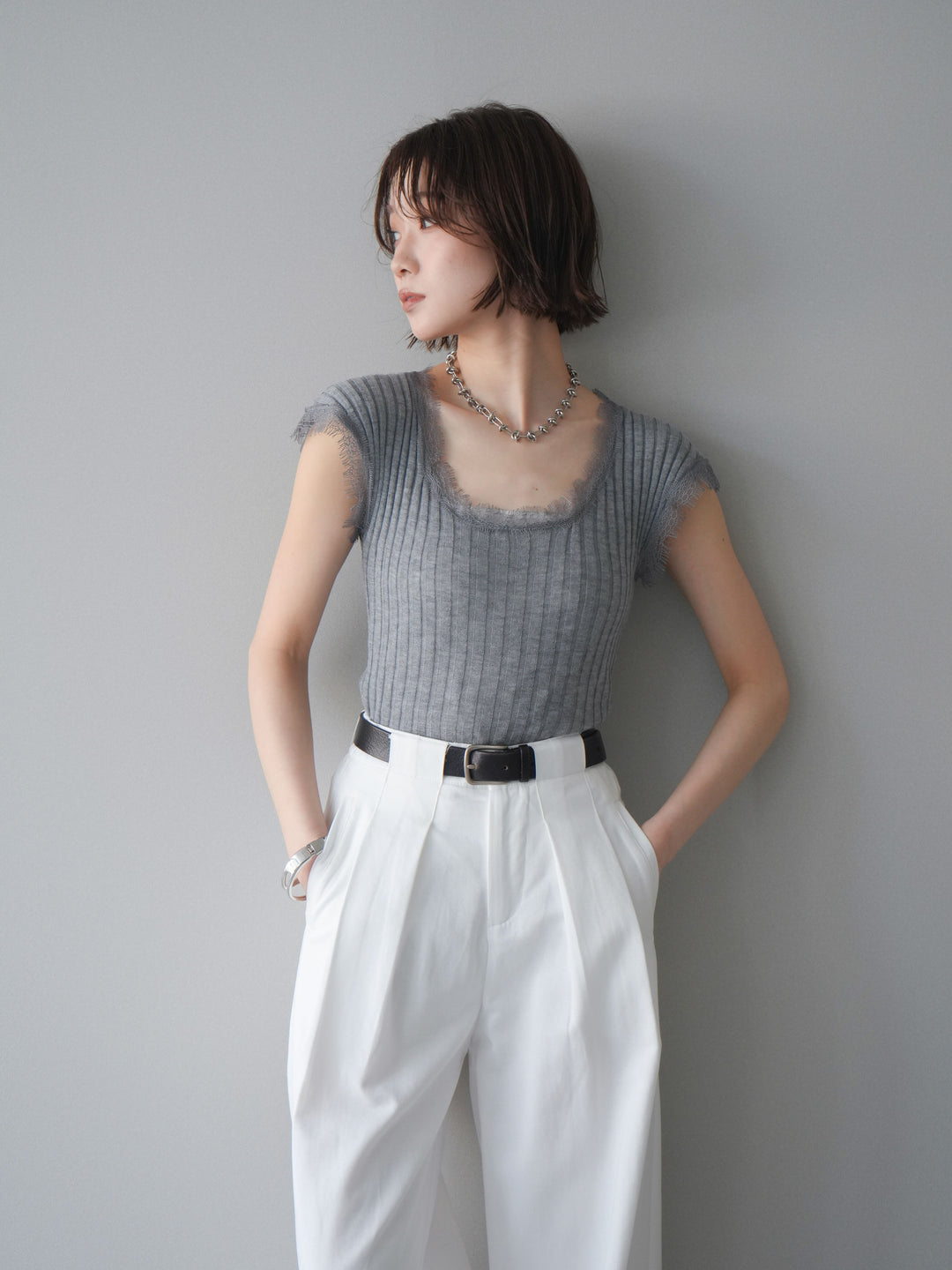 [予約]レーストリムリブニットトップス/gray