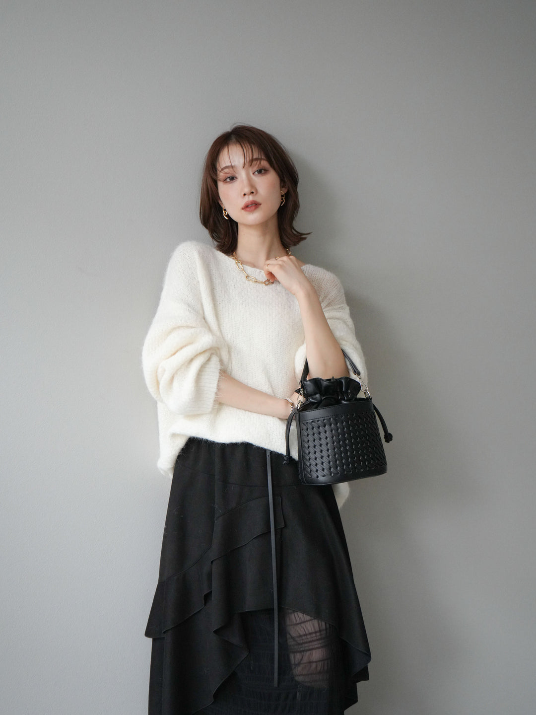 [SET]ネック透かし編みニットプルオーバー+選べるアクセセット(2set)