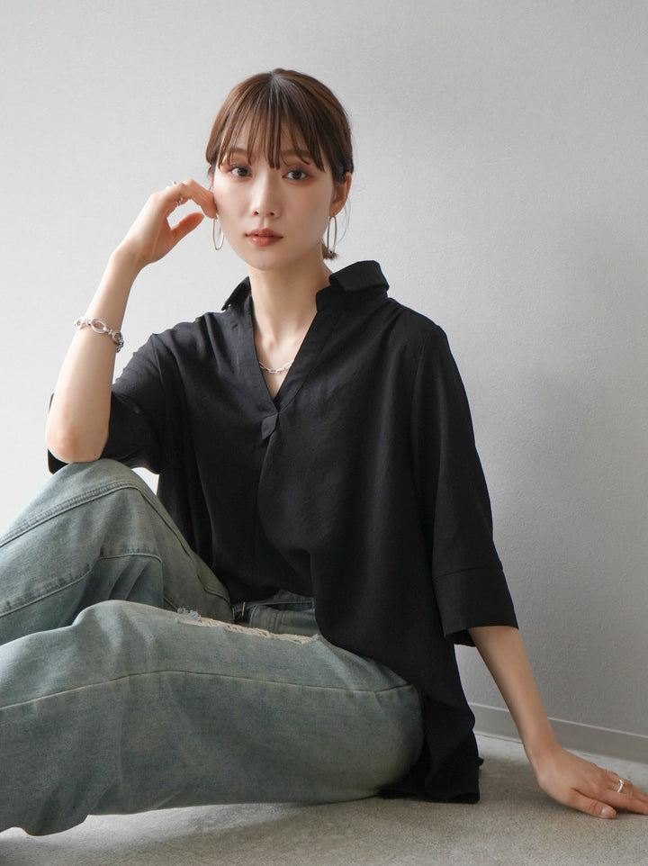 [Pre-order] Linen Touch Half Sleeve Skipper Shirt/Black