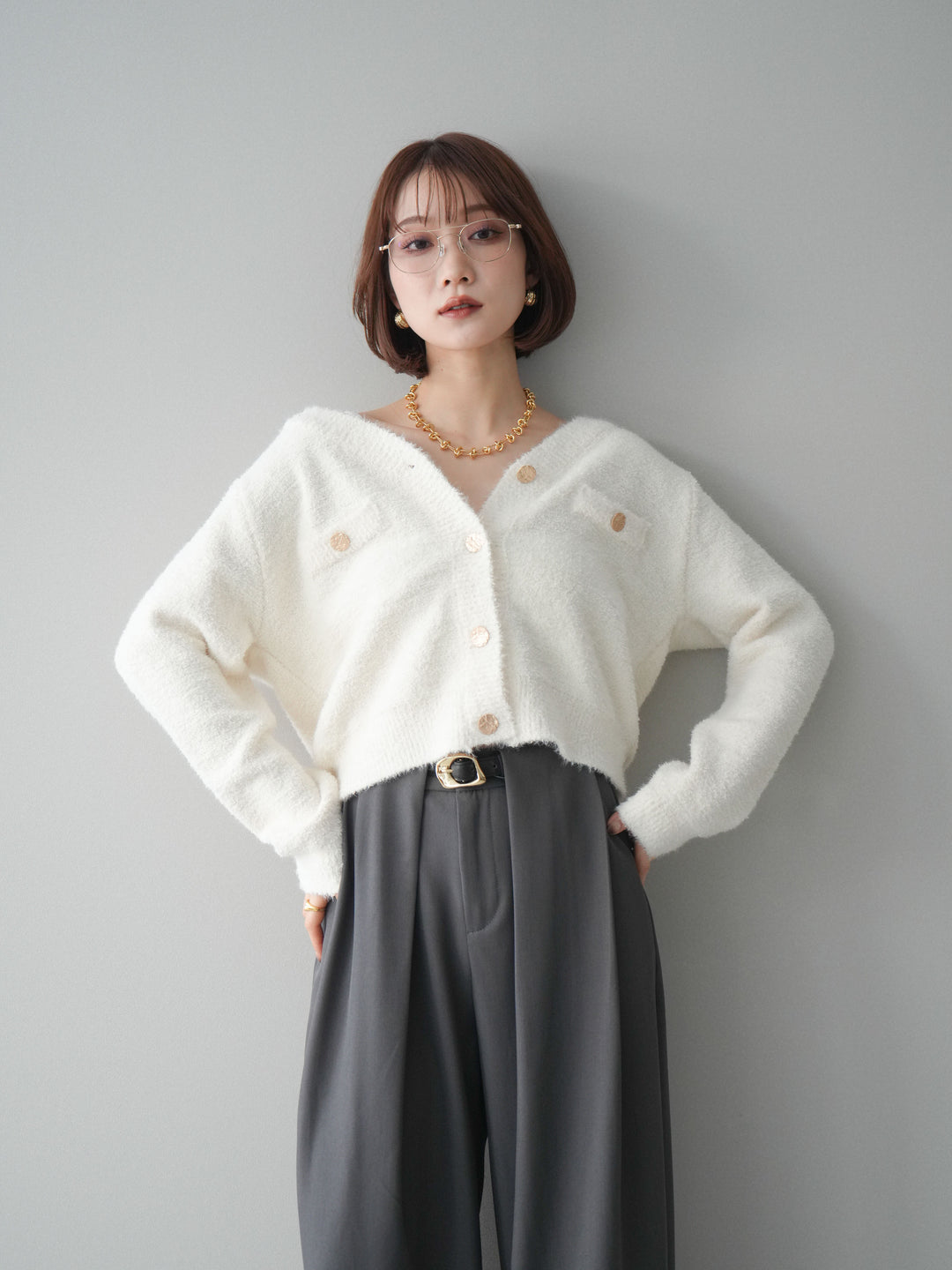 [SET]ゴールドボタンモールニットカーディガン+ベルトループデザインワイドパンツ(2set)