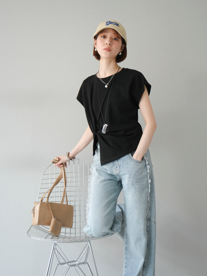 [予約]カシュクールTシャツ＆コームネックレスSET /ブラック