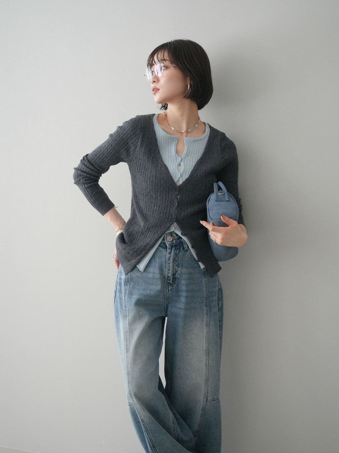 [予約]バイカラーレイヤードニットカーディガン/gray