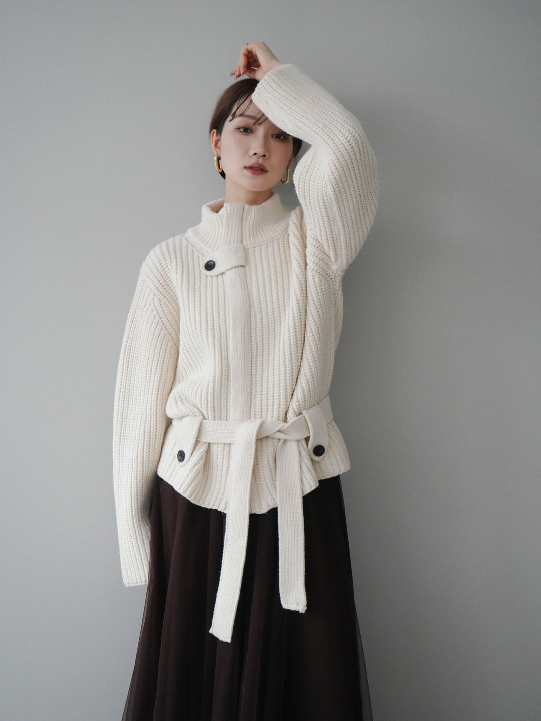 [予約]畦編みボトルネックZIPニットカーディガン/white