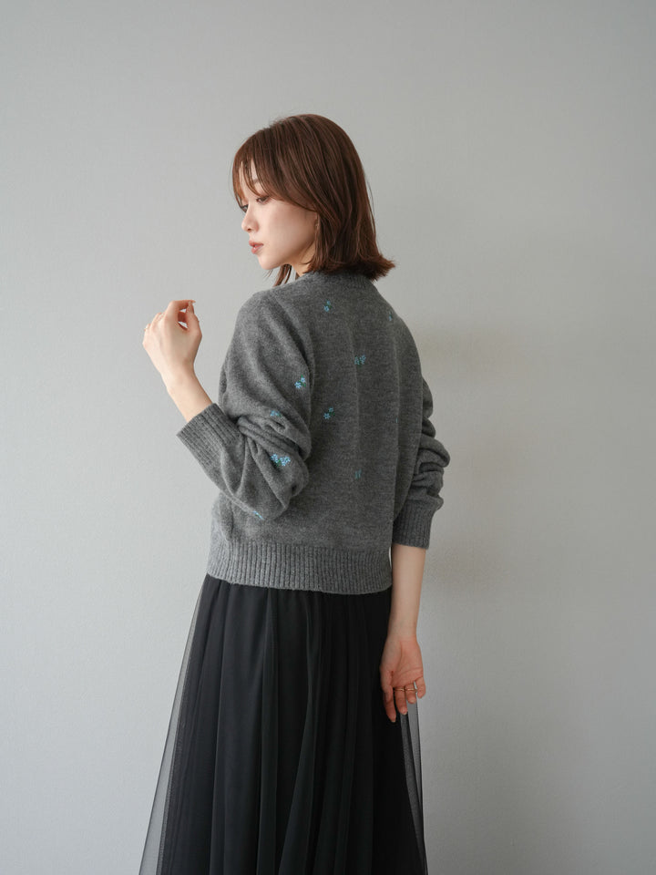 [SET]フラワー刺繍ニットカーディガン+チュールボリュームスカート(2set)