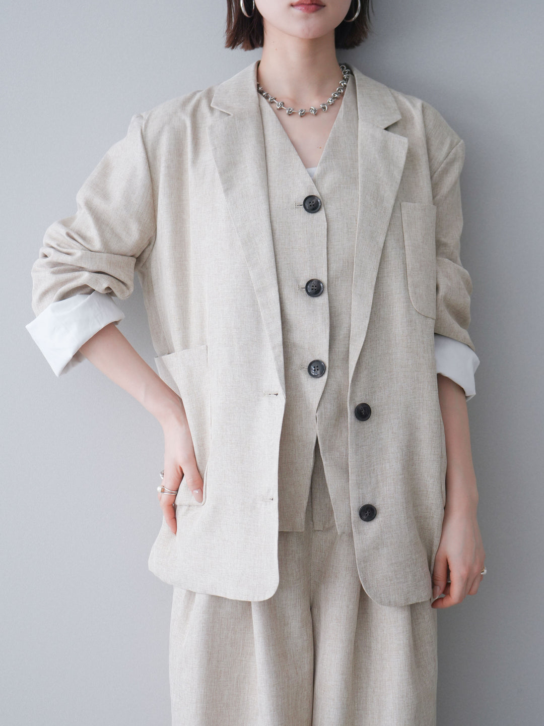 [SET]リネンライクテーラードジャケット+リネンライクバックオープンジレ+リネンライクタックワイドパンツ(3set)