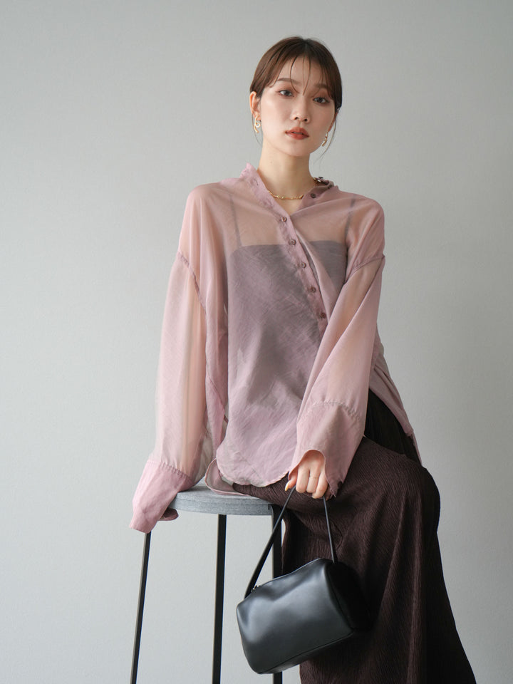 [SET] 亮面透視立領襯衫 + 柳葉寬褲 (2set)